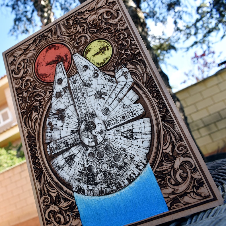 Intricate Wooden Art Panel Featuring Iconic Spaceship Design